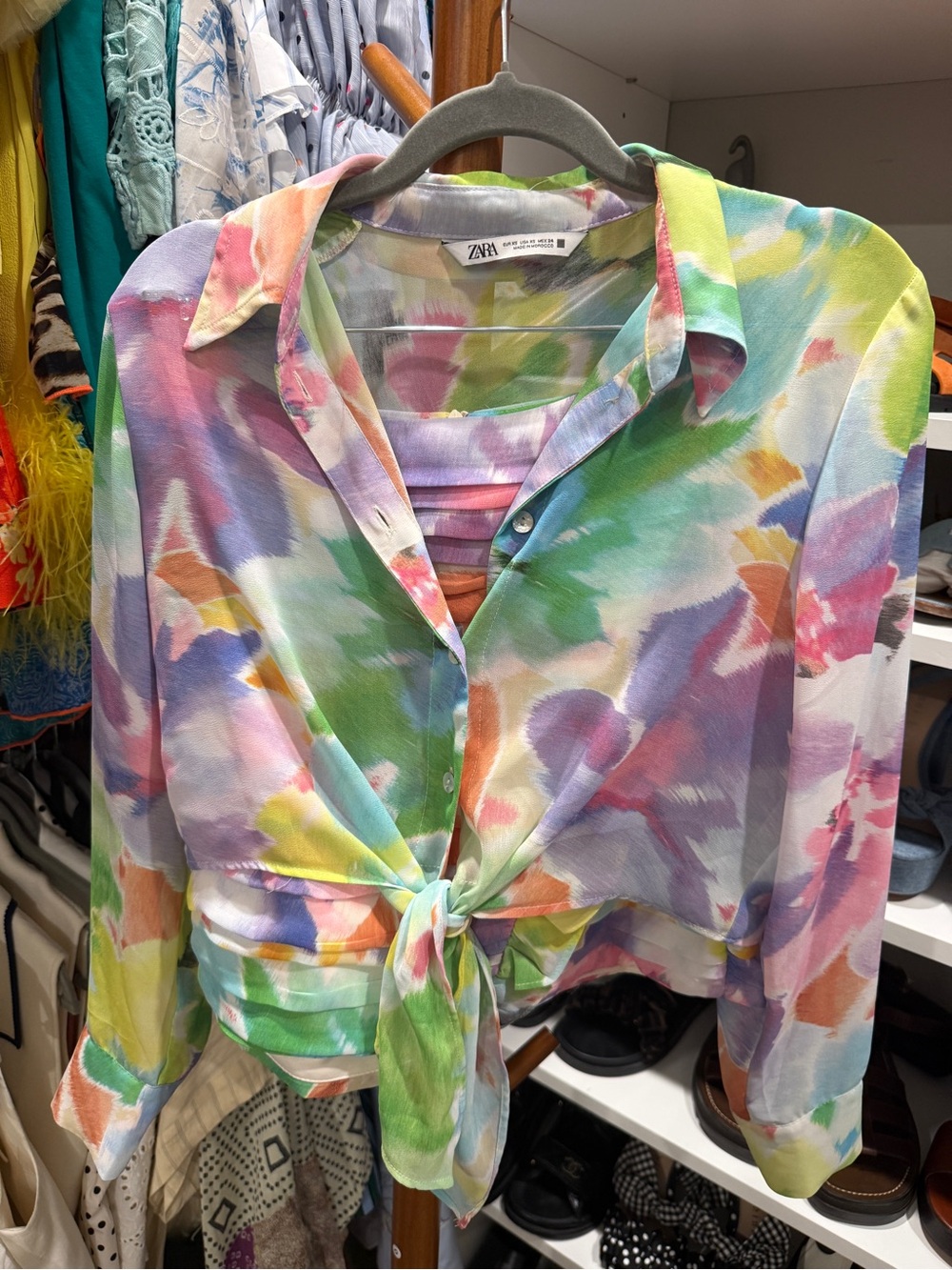 ZARA Pastel Multicolor Tie-Front Button-Down Shirt